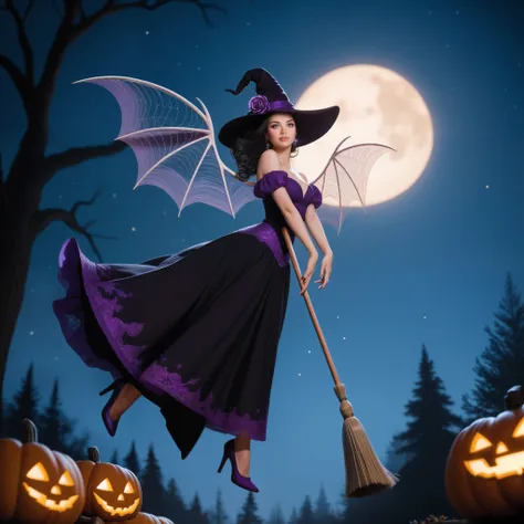 A stunning Miss World of Halloween witch rides gracefully on a flying broom, her elegant gown flowing in the wind. The witch has long, silky black hair with soft, glowing streaks of purple, cascading down her back. She wears a beautifully detailed dark pur...