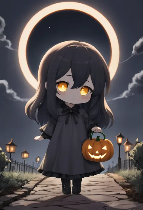 1girl,halloween ghost costume,horror,smoke, rotten tree, solar eclipse, halloweencoser,growing eyes,dark skin,chibi