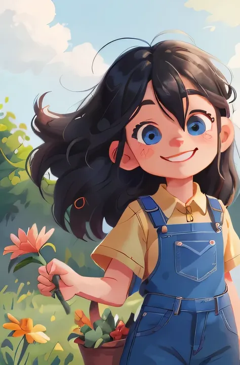 Watercolour. girl with black hair, long hair, blue eyes, , Wearing Gardener Blue Jeans, smiling, very cheerful, smile with the wind in the face