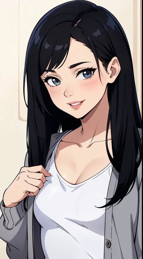 Amazing portrait of a sexy woman wearing her long straight luscious black hair, seductively gazing and smiling, soft lips, parted, blushing intensely, smiling, white t shirt, grey cardigan, baggy jeans, medium chest, perfect body