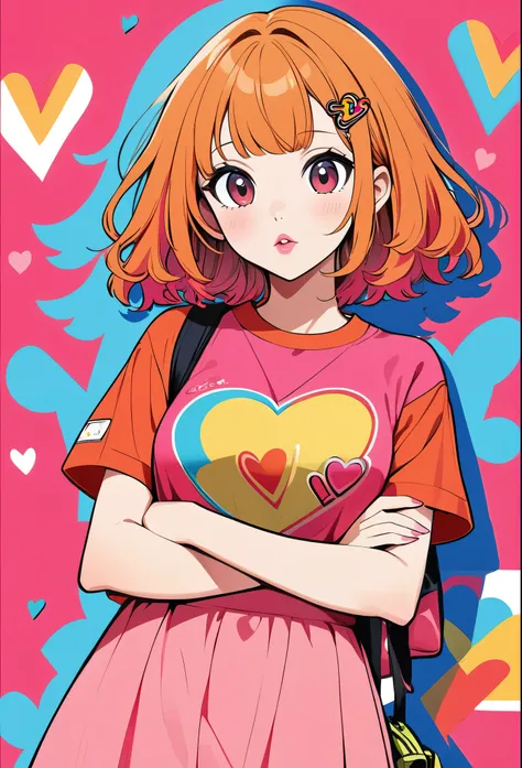 Ultra-realism Keith Haring colorful style, Simple Line Initialism，(((anime girl with orange hair and red ears in a pink dress))), Sweet face. Lips in love, colorful hearts, stylish design, sports fashion, Dark Eyes