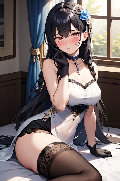 ahegao,masterclass, hair_flower, black_dress, black_gloves, thighhighs, hair_ornament, gloves, black_thighhighs, braid, very_long_hair, sleeveless_dress, sleeveless, looking_at_viewer, choker, single braid, collarbone, hair_between_eyes, hair_bow, necklace...