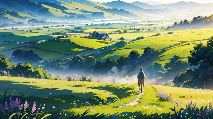 High resolution、masterpiece、Anime art 4k、elf、whole body、Beautiful Landscape、Journey、grassland、Shepherding、pastoral、Plains、Rear view、Cinema Lighting、Ray Tracing、Soft light、Celtic landscape on a misty morning、Wide grassland、wilderness、Create a magical scene ...