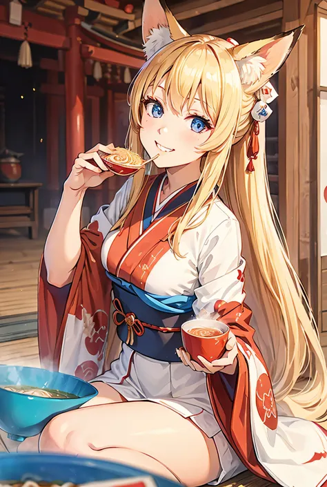 One Girl, Long Hair, Big smile, blonde, blue eyes, Red and white kimono, shrine, High Resolution Model, Fox Ears, Eating ramen, 