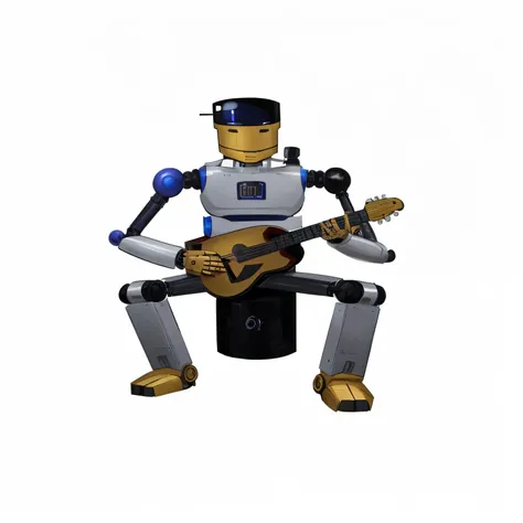 there is a robot that is playing a guitar on a white background, humanoid servo, intact humanoid servo, humanoide robot, pit droid, cyber songman, salvia droid, alien musician, an alien musician lost in space, the band name is roborock, gangsta robot, mark...