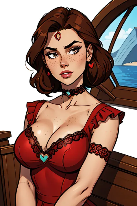 close up of slim athletic woman, 25 years, 8k (high definition), sighing countenance, seductive look, brown eyes, nose fine, wearing a red royal dress ((lace boat neckline, heart brooch, short puff sleeves)), choker and tiara, arms positioned at the sides ...