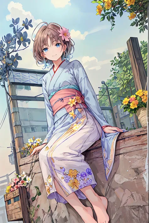 (((Best Quality))), (((Super detailed))), 1 girl, Bedhead, cute, Brown Hair, Braids, (Festival, night, works), Yukata, View from below, Side view, Look away, smile, , Beautiful detailed hair, Beautiful detailed skin, Beautiful detailed light, shade, ((Look...