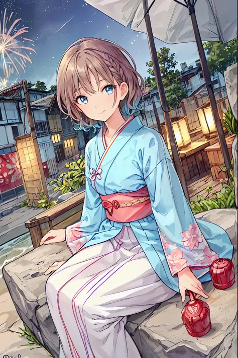 (((Best Quality))), (((Super detailed))), 1 girl, Floral Yukata，Bedhead, cute, Brown Hair, Braids, (firework, night, works), Yukata, View from below, Side view, Look away, smile, , Beautiful detailed hair, Beautiful detailed skin, Beautiful detailed light,...