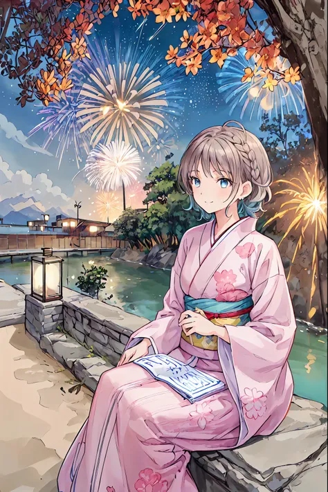 (((Best Quality))), (((Super detailed))), 1 girl, Floral Yukata，Bedhead, cute, Brown Hair, Braids, (firework, night, works), Yukata, View from below, Side view, Look away, smile, , Beautiful detailed hair, Beautiful detailed skin, Beautiful detailed light,...