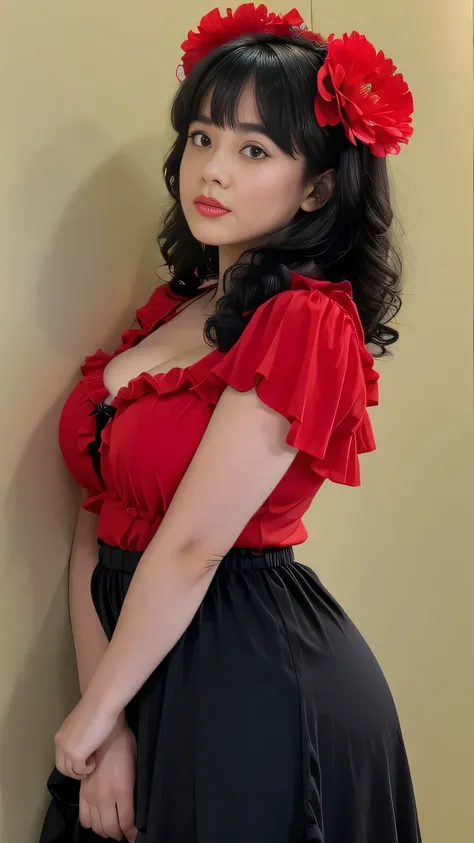 High resolution, Large Breasts, Big Ass, Plump, Droopy eyes, Chubby, bangs, Large Breasts, Flamenco Dresses • Costumes: Bright red and black flamenco dresses、Ruffled skirt and tight top。Wear a big flower on your head。
	• Makeup: Red Lip、Dark eyeshadow and ...