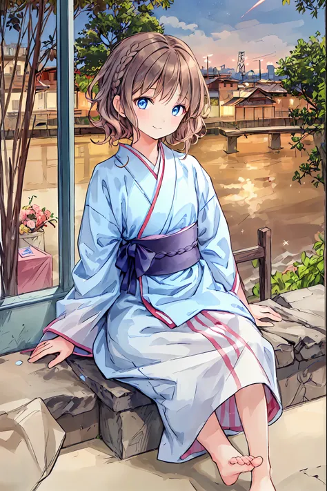 (((Best Quality))), (((Super detailed))), 1 girl, Floral Yukata，Bedhead, cute, Brown Hair, Braids, (firework, night, works), Yukata, View from below, Side view, Look away, smile, , Beautiful detailed hair, Beautiful detailed skin, Beautiful detailed light,...