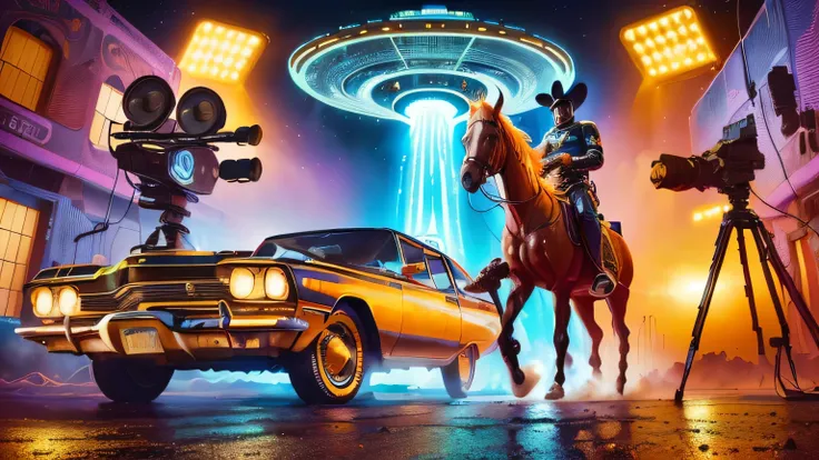 there is a man riding a horse next to a car, inspired by roger deakins, epic road - trip in outer space, retro sci fi film, inspired by David LaChapelle, retro sci - fi movie, extraterrestrial paradise, space western, cinematic neon matte painting, beeple ...