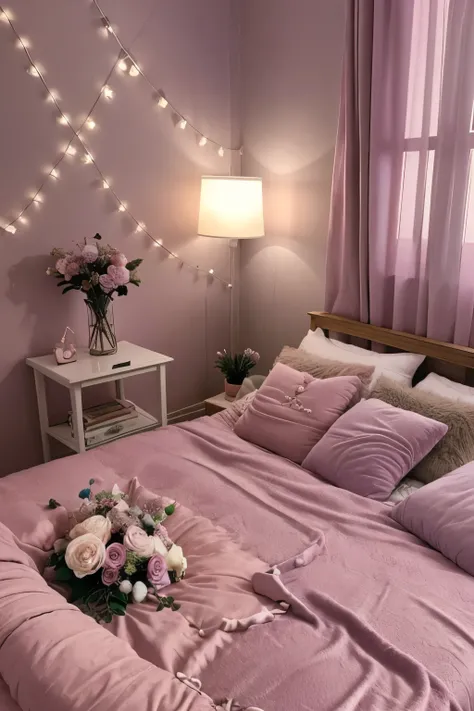 a close up of a bed with a blanket and a vase of flowers, cozy bed, cosy vibes, cozy and calm, cozy room, girly bedroom, purple and pink muted colors, with soft purple colors, cozy setting, pink accents, cozy place, soft and warm, cozy vibe, cozy aesthetic...