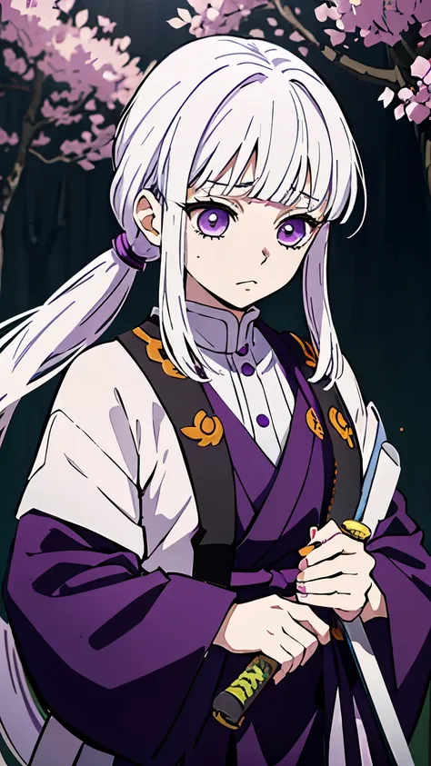 Kimetsu no Yaiba style, 1 mature, girl, purple eyes, a hashira, pretty, long white hair in very low pigtails at bottom of head, curtain bangs, tired expression, noble, Pillar Demon Slayer, holding a sword, wearing demon slayer mitsuri kanroji uniform, hold...