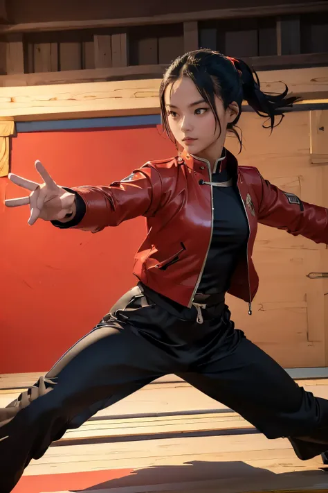 (((Highest quality, 8k, masterpiece:1.3)), 1girl, ((futuristic Kung Fu Clothing)), Toned Body,  black track pants, red kungfu-styled jacket, Looking at the viewer, dynamic pose, model pose,