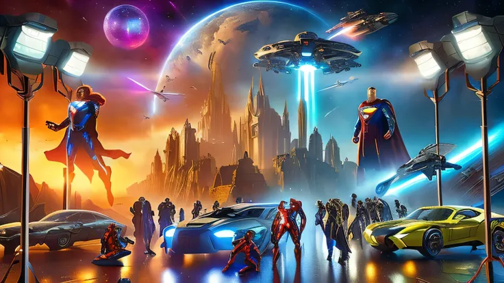 avengers and supermans in a sci - fiction scene with a spaceship, 2022 movie, epic fantasy sci fi illustration, the midjourney multiverse, from a 2 0 1 9 sci fi 8 k movie, depicted as a scifi scene, game poster, sci-fi fantasy wallpaper, retrofuturistic sc...