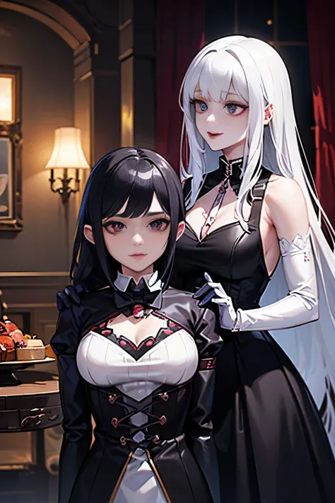 cybernetic female vampire,female vampire robot butler, metal mechanical face，mechanical joint，Female robot wearing a housekeeper&#39;s uniform,female robot housekeeper、Responsible for various household chores and handling of the fireplace.，sofa，victorian s...