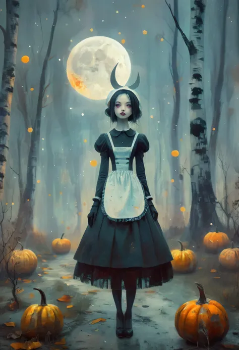 panoramic, whole body, (Pretty young attractive girl, Intense Gothic Maid) 、Full moon night, birch forest and pumpkins, Starry Night, ((Matthias_Adleson Style!)), Hazy atmosphere, Surrealism, The absurdity of kindness, Attraction and rejection of chaotic a...