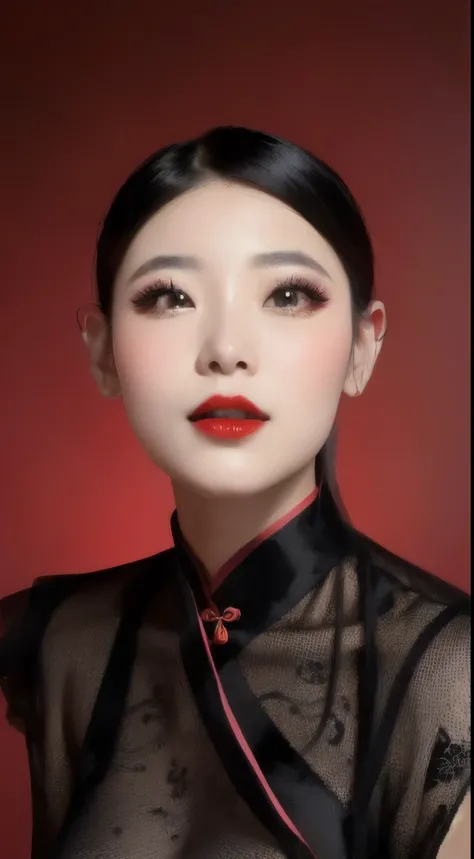 a close up of a beautiful chinese woman with big eyes, wearing a black dress and a red lipstick, add chinese style roses drawing in the background