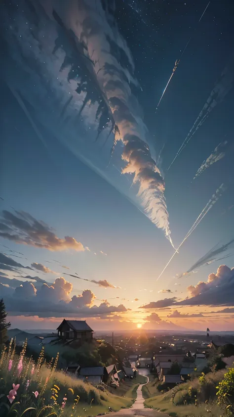 view from below with a view of the null and the wilderness below, tree, cloud, wind景, outdoor, glass, sunset, star \(null\), flo...