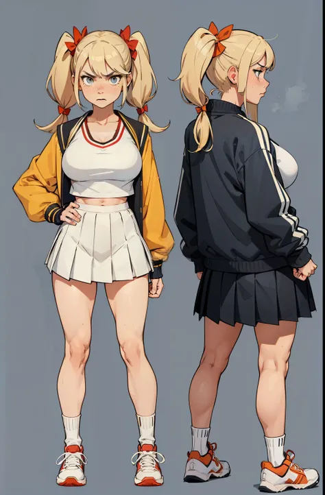 female, wide hips, Blonde pigtails with bangs, freckles, hair bow, angry face, cheerleader outfit, school jacket, big socks, sneakers, big breasts modelsheet, model sheet, flat colors, no shading, lineart, multiple angles, simple light