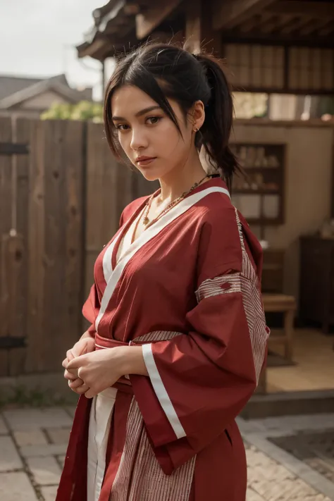 highres, sharp focus, pixiv masterpiece, ((intricate details)), highly detailed, 1girl, mwomen, stripe bead necklace, black hair, (spiked hair:1.1), ponytail, very long hair, red clothes, red open clothes, simple kimono, hakama 