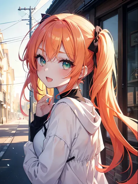 masutepiece, Highest Quality, (Perfect face:1.1), (high detailing:1.1), (ultradetailed eyes), Dramatic,  superfine illustration, Extremely detailed,1girl in, (pale skin), Happy, Laugh, Enjoy, Cheerful,Open mouth, gloweyes,orange hair, (long twintail),green...