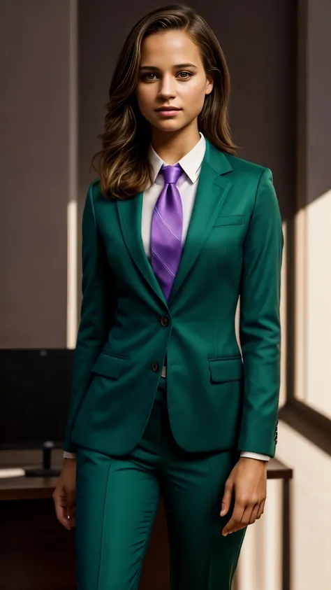 Foto hiperrealista en primer plano de Alicia Vikander, masterpiece, best quality, (photorealistic:1.4), (wearing green suit blazer, light purple shirt, tie tie tie, green trousers1.1), office,  sunny dat, soft lighting, chiaroscuro lighting, dramatic light...