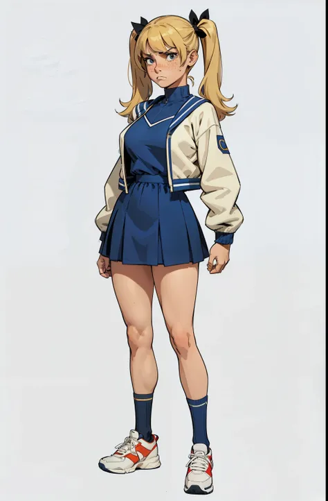 tal woman, wide hips, Blonde pigtails with bangs, teen, freckles, hair bow, angry face, short dress, cheerleader type, school jacket, big socks, tennis shoes, big breasts modelsheet, model sheet, flat colors, no shading, lineart, multiple angles, simple li...