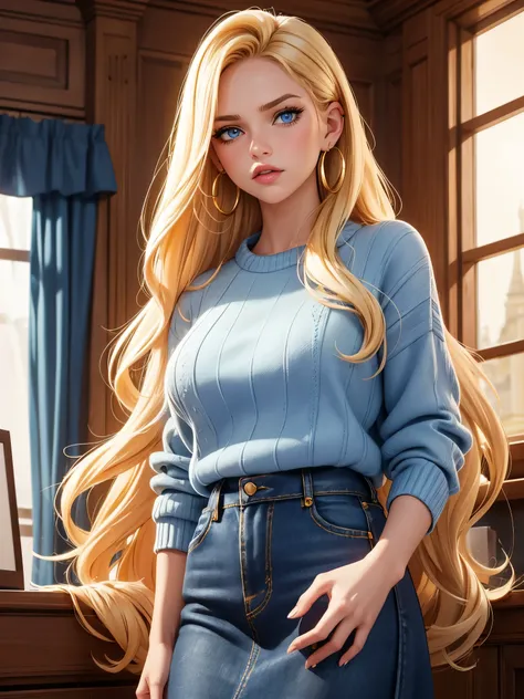 The camera captures a fair-skinned young woman, long golden blonde hair and piercing blue eyes, her upturned nose gives her a unique and attractive appearance. Her full lips are adorned with a touch of lipstick, She is wearing a soft blue sweater and a dar...