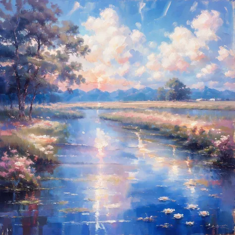 oil pastel painting、pointillism、landscape painting、lake at sunset