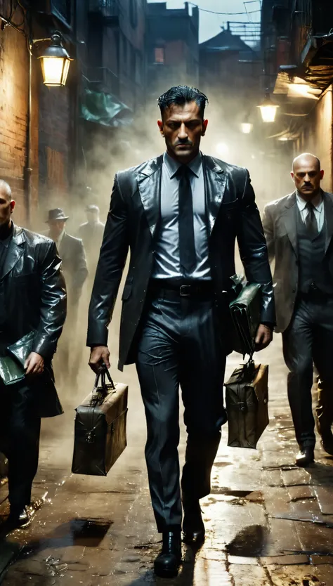 man mafia boss, surrounded from behind by strong bodyguards and muscular mobsters, walking down a dark, damp alley, carrying a m...