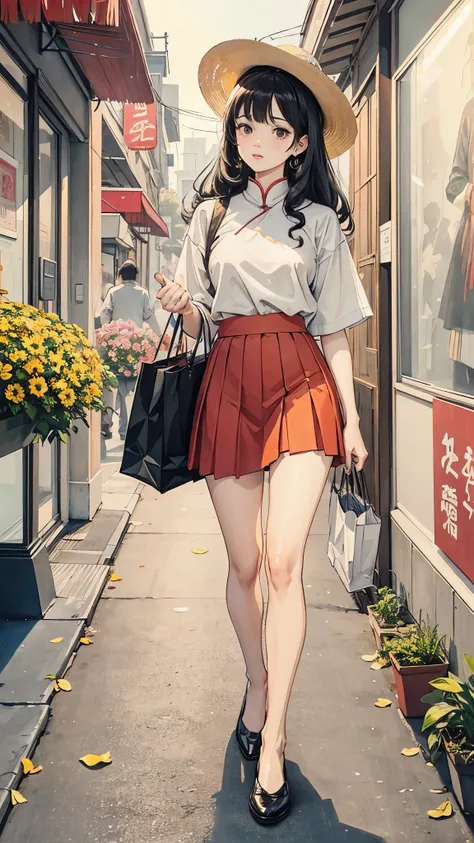 Petals are falling from the sky, under the warm, yellow sunlight.Standing on a shopping street from the 1980s.A painting filled with a sense of age, featuring a classic Chinese beauty with long black curly hair, a white shirt, a red pleated skirt, red loaf...