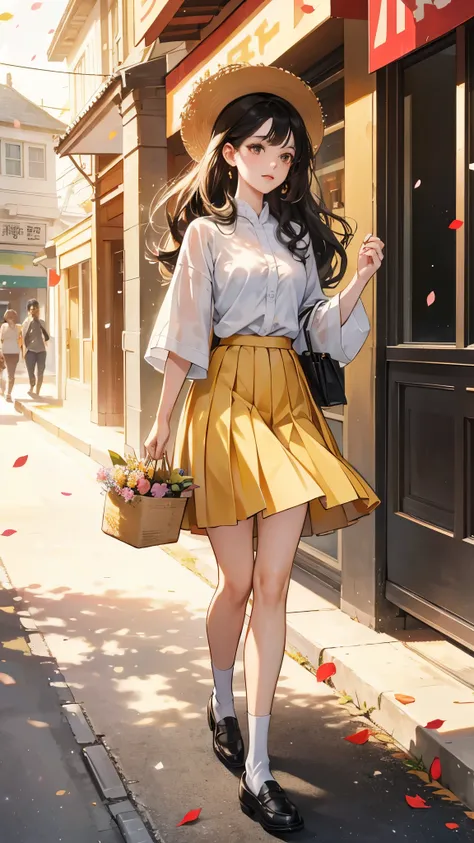 Petals are falling from the sky, under the warm, yellow sunlight.Standing on a shopping street from the 1980s.A painting filled with a sense of age, featuring a classic Chinese beauty with long black curly hair, a white shirt, a red pleated skirt, red loaf...