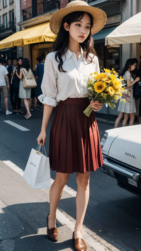 Petals are falling from the sky, under the warm, yellow sunlight.Standing on a shopping street from the 1980s.A painting filled with a sense of age, featuring a classic  beauty with long black curly hair, a white shirt, a red pleated skirt, red loafers, we...