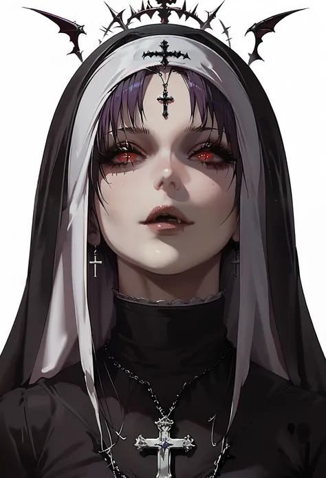 anime girl with a nun outfit and a cross necklace, sexy nun , portrait , white background 1 anime goth girl,  portrait, gothic maiden anime girl, demon anime girl, androgynous vampire, portrait of demon girl, beautiful necromancer girl, sexy suit , details...