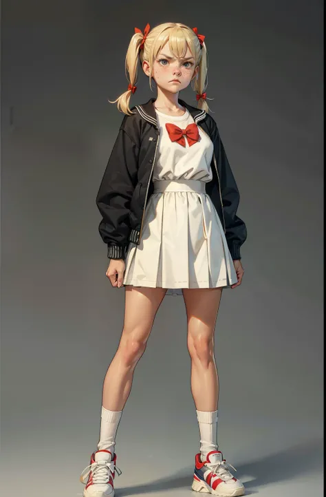 Blonde Pigtails hair with bangs, young face, contains freckles, hair bow, angry face, short dress, cheerleader type, school jacket, large socks, sneakers, dynamic pose, arms crossed, look to the side