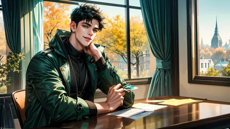 Handsome young man, black hair, badboy, short hair, blue eyes, ombros largos, masterpiece, Absurd, beautiful and detailed face, smiling slightly, with dark green adidas coat, Sunny daytime environment, sitting in a colorful classroom with glass windows whe...