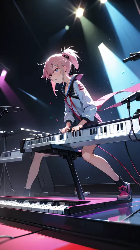 anime style , playing keyboard , on stage, standing, electrics keyboard