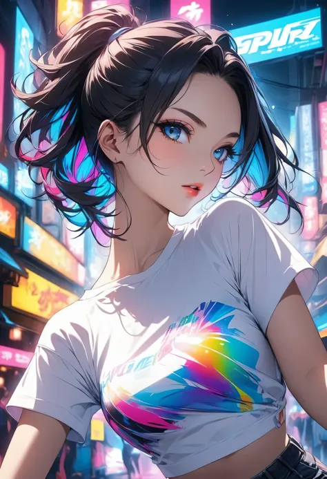 cosmetics advertising posters art, cool beauty, perfect proportions, wearing white half-top T-shirt,best quality,((masterpiece, best quality, ultra-detailed, very fine 8KCG wallpapers)), japan animestyle,anime,japanese,1girl, Alone,streetdance,hiphop,backg...