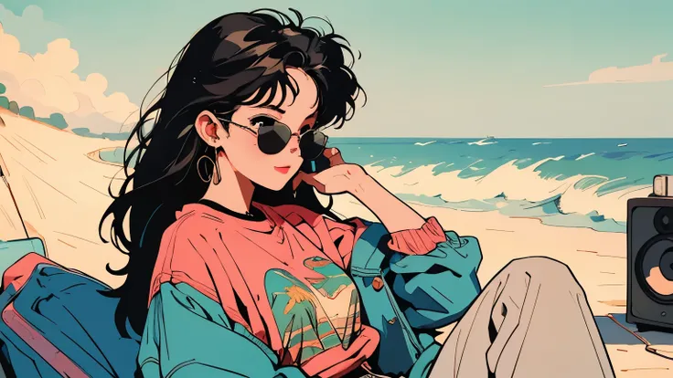 Wearing sunglasses on the beach、Illustration of a girl enjoying the music coming from a portable speaker
