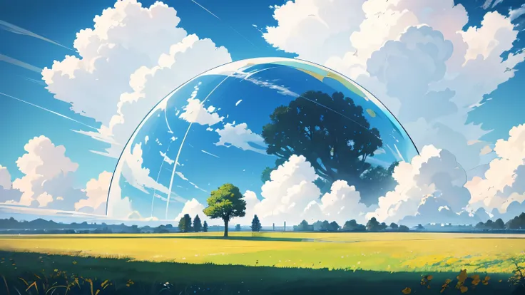 {{summer}}, Grassland, Deep Field, High Definition Quality, Hot Weather, Big Cloud, Radiation tracing, illustration, The Art of Mathematics, Anime style, tree,  Clear, wide sky