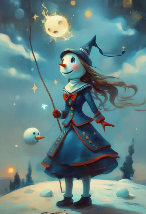 panoramic, whole body, (Cute and attractive woman, Sailor Uniform) 、School and snowman、Long Hair、Starry Night, ((Matthias_Adleson Style!)), Hazy atmosphere, Surrealism, The absurdity of kindness, Attraction and rejection of chaotic appearances, The art of ...