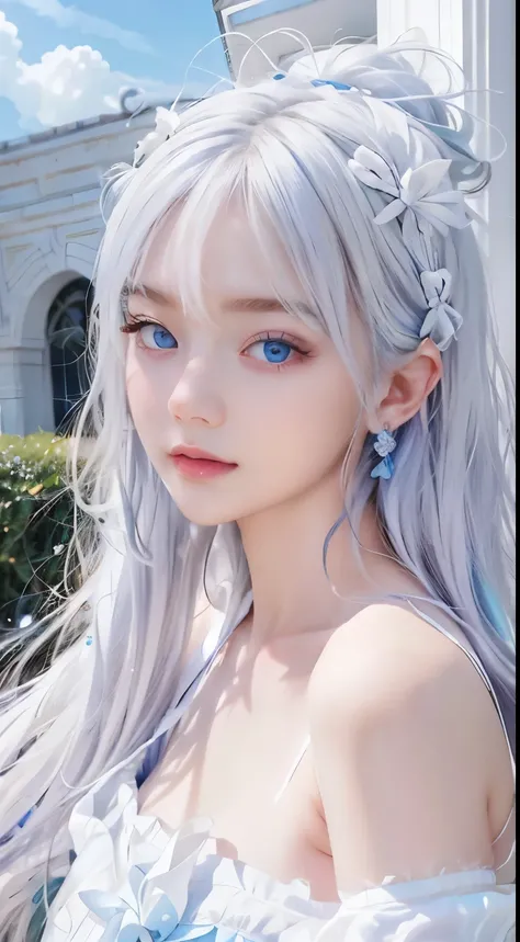 With white hair and blue eyes、Transcendent Beautiful Girl、Its like a fantastic existence。Its white hair swayed in the wind、Blue eyes shine like a clear sky。Her skin is pure white、Detailed features beautifully color your facial features.。Her beauty is、Looks...