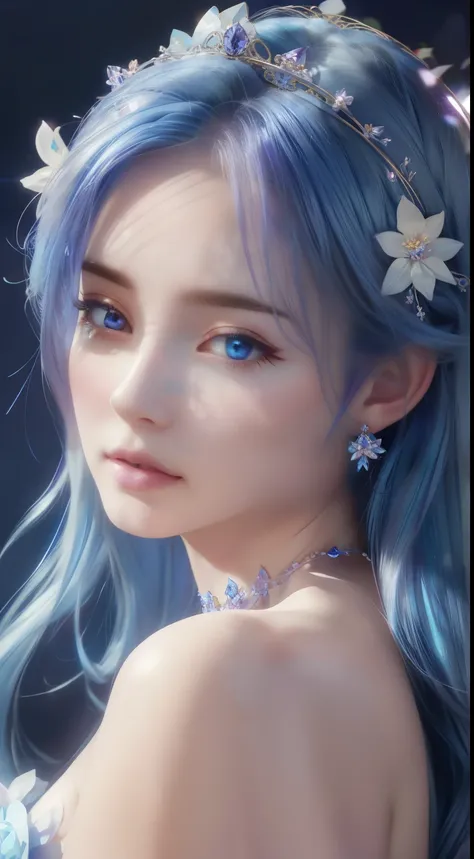 tmasterpiece,Highest high resolution,((magic orb)),Dynamic bust of a beautiful aristocratic maiden,Blue hair is gracefully curled,((Wearing a crown of huge flowers)),Purple clear eyes,(((Hair is covered with beautiful and delicate floral craftsmanship, Cry...