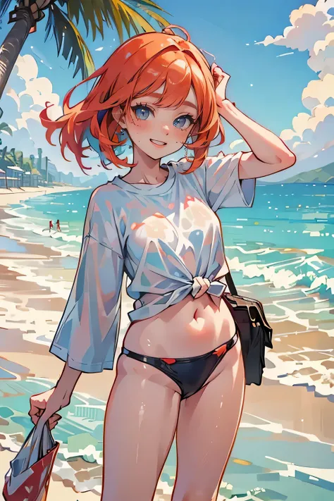 Beautiful young woman aged 2, Smiling innocently, Wearing colorful swimsuits, Roll up your T-shirt to show off your swimsuit, Standing on the beach in summer, She has freckles and a mole under her left eye.、Sensual and cute, Brushing sand off his bottom wh...