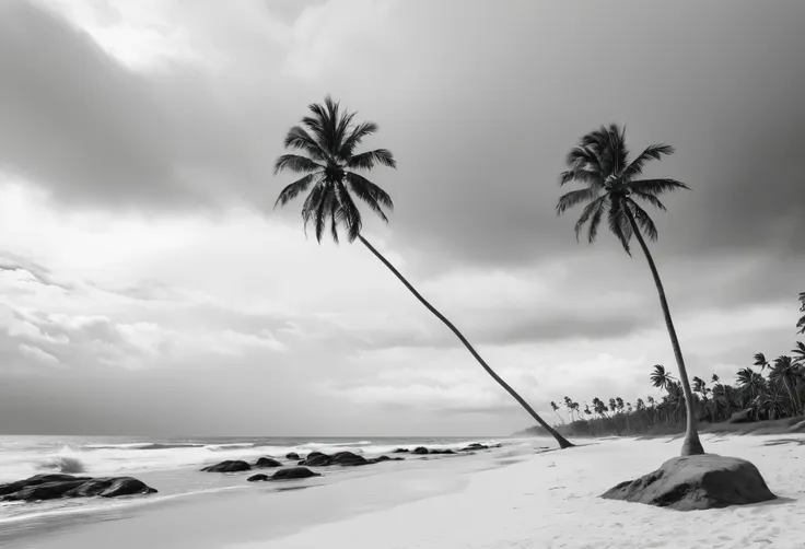 ansel adams，minimalism，black and white，scenery，beach，sea level，palm trees by the sea，gray clouds，a tourist on the coast，ultra-fi...