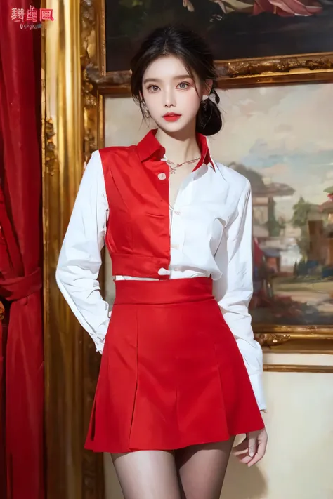 highest quality、masterpiece、High sensitivity、High resolution、Slim Body、Red mini skirt、white round collar shirt、Red pumps、
