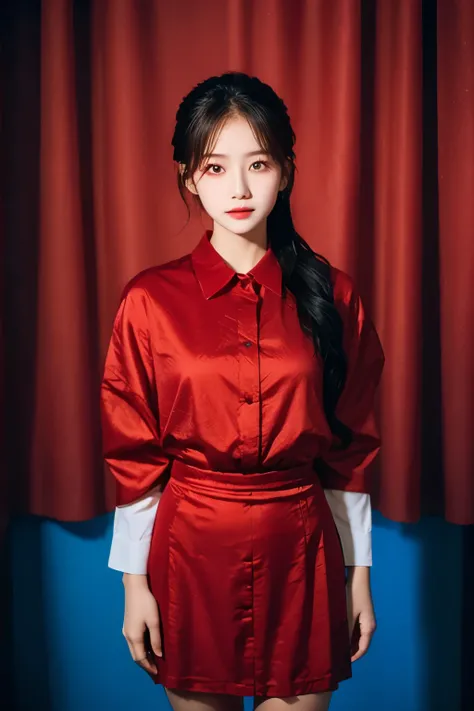 Best Quality, masutepiece, High resolution, (((1girl in))), sixteen years old,(((Red Eyes:1.3)))、Red attire、((Red Shirt:1.3、Red Rock Dress)), Tindall Effect, Realistic, Shadow Studio, Red lighting, dual-tone lighting, (High Detail Skins: 1.2) Digital SLR, ...
