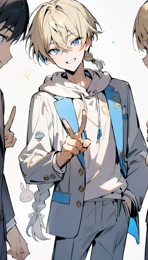 {{masterpiece}}, ,Attention to detail、One Man、18 years old、Blonde Hair、Short Hair、Braided ponytail、((Perfect Blue Eyes)),((White background)),from front、Cowboy Shot、((A plain white hoodie))、Grey blazer、Grey slacks、smile、Peace sign